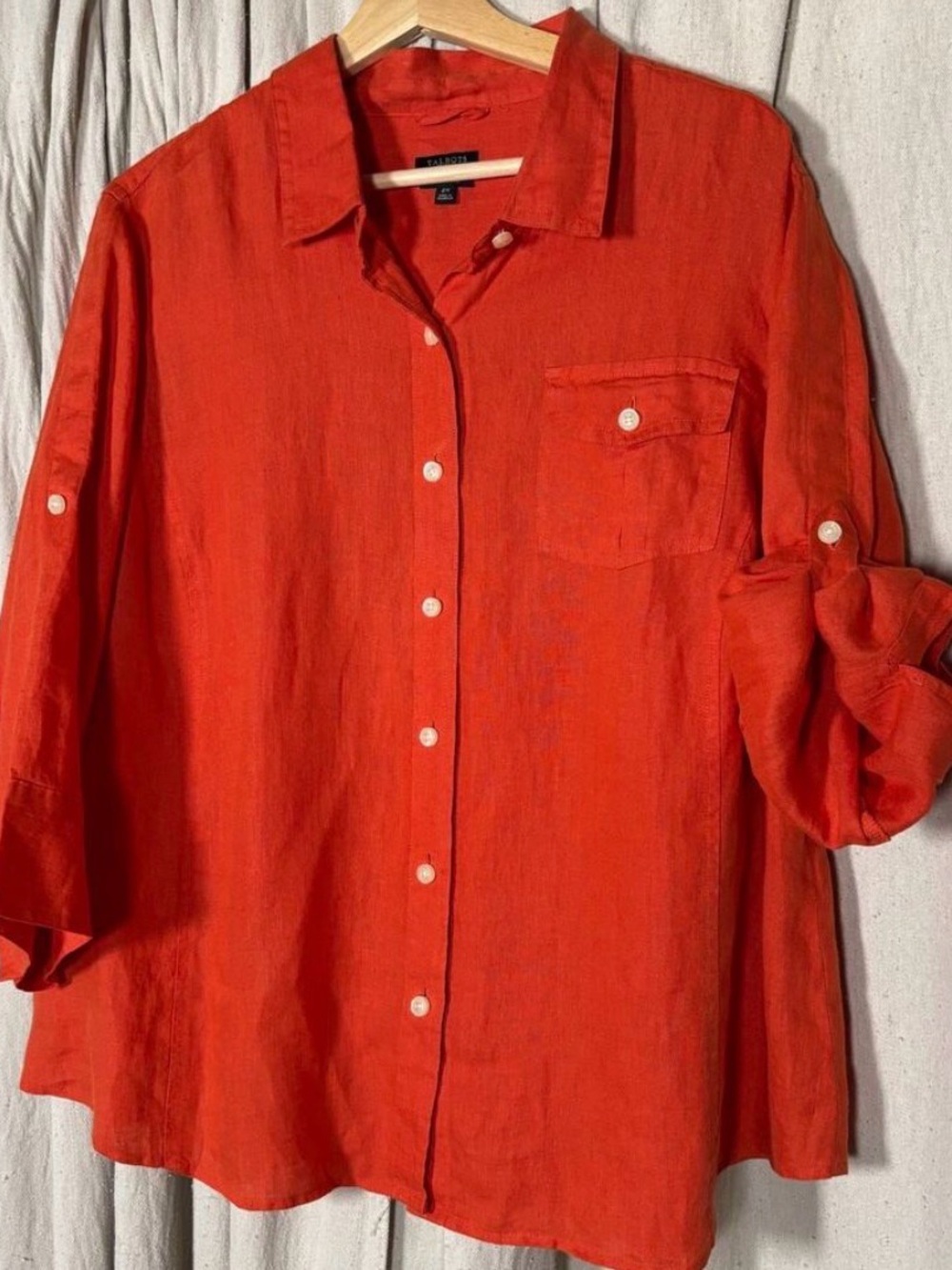 Talbots ladies Red Linen Button-Up Shirt linen 16 petite